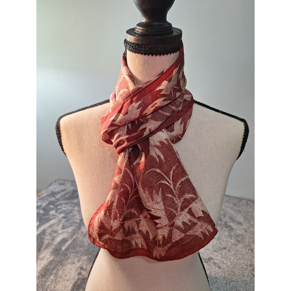 Vtg Elaine Gold 100% SILK  Neck Bag Scarf Rectangle Burgundy Abstract Floral Art